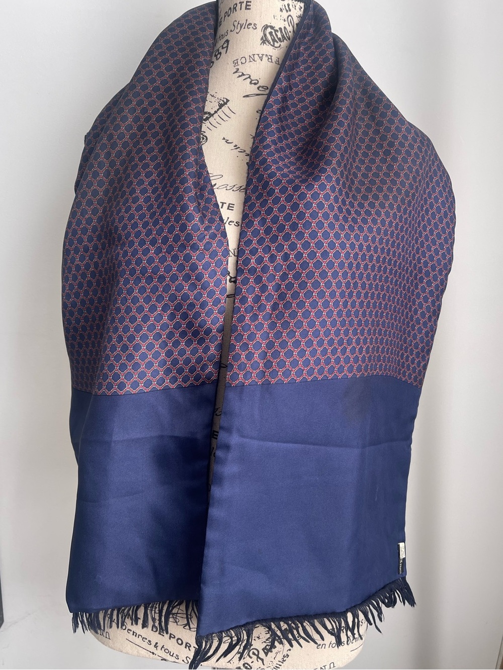 Hermes Vintage Navy and Burgundy Geometric Silk Cashmere & Silk Fringe Scarf